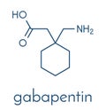 Gapapentin drug molecule. Used in treatment of seizures and neuropathic pain. Skeletal formula.