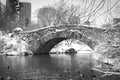 Gapstow bridge and ducks at Central Park with snow in black and white color Royalty Free Stock Photo