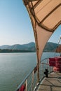 Gapyeong,South Korea-October 2020: View of blue mountain and ocean from a cruise ship in Nami Island, South Korea