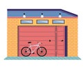 Garage with automatic gates and bike. Vehicle storage space with mechanical door and bicycle