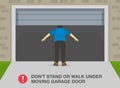 Garage door injures male character during closing. Garage door safety tips and rules.