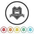 Garage door shield logo. Set icons in color circle buttons