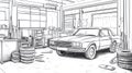 Classic Car Repair Shop Scene with Vintage Automobile and Tires Sketch Royalty Free Stock Photo