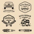 Garage logos set. Car repair emblems collection. Vector vintage sketched auto service signs for advertising posters etc. Royalty Free Stock Photo