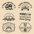 Garage logos set. Car repair emblems collection. Vector vintage sketched auto service signs for advertising posters etc. Royalty Free Stock Photo