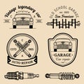 Garage logos set. Car repair emblems collection. Vector vintage sketched auto service signs for advertising posters etc. Royalty Free Stock Photo