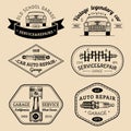 Garage logos set. Car repair emblems collection. Vector vintage sketched auto service signs for advertising posters etc. Royalty Free Stock Photo