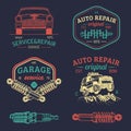 Garage logos set. Car repair emblems collection. Vector vintage sketched auto service signs for advertising posters etc. Royalty Free Stock Photo