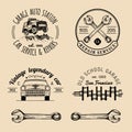 Garage logos set. Car repair emblems collection. Vector vintage sketched auto service signs for advertising posters etc. Royalty Free Stock Photo