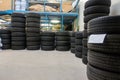 A garage, many new tyres are stacked so that they can be fitted as winter tyres Royalty Free Stock Photo