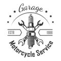 Garage motorcycle service round logo with pistons and spanners