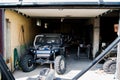 Garage in the mountains, where the Russians collect the jeep themselves for the competition Royalty Free Stock Photo