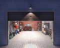 Garage with open door, look outside at night