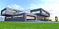 Garage and porch of the contemporary country dwelling constructed on the amazing lawn in an ecologicaly clean region. 3d rendering