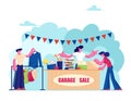 Garage Sale Event. Sales Woman Stand at Counter Desk with Different Old Things for Sale, People Watching Goods Choose what to Buy Royalty Free Stock Photo