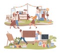 Garage sale outdoor vector flat illustration. People buying vintage clothes, goods, and home furniture at flea market.