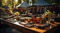 Garage Sale, Second-hand market, Used Goods on Display at Afternoon Flea Market on the Greensward, Ai generative Royalty Free Stock Photo