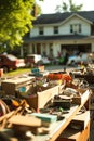 Garage sale on a sunny day. Tables with old things in front of the houses, people looking at the goods Royalty Free Stock Photo