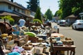 Garage sale on a sunny day. Tables with old things in front of the houses, people looking at the goods Royalty Free Stock Photo