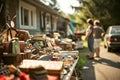 Garage sale on a sunny day. Tables with old things in front of the houses, people looking at the goods Royalty Free Stock Photo