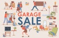 Garage sale vector flat banner template. Happy smiling men and women buy and sell vintage clothes and furniture.