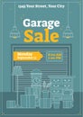 Garage sale vector illustration. Poster, placard or commercial broadsheet for event. Store and shop to sell old and used items.