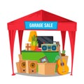 Garage Sale Vector. Sale Items. Preparing A Yard Sale. Isolated Flat Cartoon Character Illustration