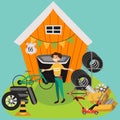 Garage sale, woman sell used car parts, tires wheels in back yard, girl offers spring second hand sale goods vector