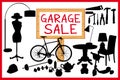 Garage sale woodboard. red cleanout illustration with wooden signboard.