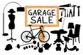 Garage sale woodboard. Silhouettes cleanout illustration with wooden signboard.