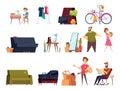 Garage selling. Flea marketplace with clothes and home vintage items many furniture old books toys vector cartoon set Royalty Free Stock Photo