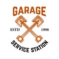 Garage. Service station. Emblem with crossed pistons. Car repair. Design element for logo, label, emblem, sign. Royalty Free Stock Photo