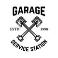 Garage. Service station. Emblem with crossed pistons. Car repair. Design element for logo, label, emblem, sign.