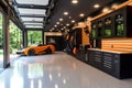 Garage storage efficiency is showcased in a minimalist design focusing on maximizing space with custom cabinets, overhead racks,