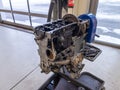 In the garage there is an opened engine block of a car Royalty Free Stock Photo