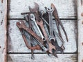 Garage tool in wooden crate top view