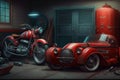 a garage with vintage cars and motorcycles, including a classic red convertible and a shiny new motorcycle. Royalty Free Stock Photo