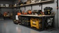 Garage Workshop Wonders - Empty Garage Interior With Working Equipments, Tools And Close-up View Of Electric Generator. Generative