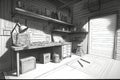 a garage workspace with tools, parts and drawings for a project sketched in pencil