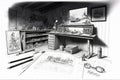 a garage workspace with tools, parts and drawings for a project sketched in pencil