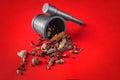 GARAM MASALA ON MORTAR AND PESTLE Royalty Free Stock Photo