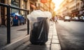 Garbage bag left on the sidewalk. City in the rays of setting sun at backdrop in blur. Generative AI