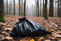 Garbage bag resting on a forest floor covered in leaves, AI-generated.