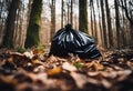 Garbage bag resting on a forest floor covered in leaves, AI-generated.