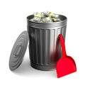 Garbage basket with dollars on white background. 3D ill