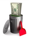 Garbage basket with dollars on white background. Isolated 3D illustration Royalty Free Stock Photo