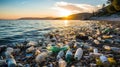 Garbage on beach, environmental pollution in Bali Indonesia. Drops of water are on camera lens Royalty Free Stock Photo