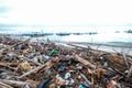 Garbage on beach, environmental pollution Bali island Indonesia. Tropical beach pollution Royalty Free Stock Photo
