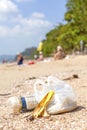 Garbage on a beach, nature pollution concept picture. Royalty Free Stock Photo