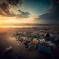 Garbage on the beach at sunset. Conceptual image of environmental pollution. Royalty Free Stock Photo